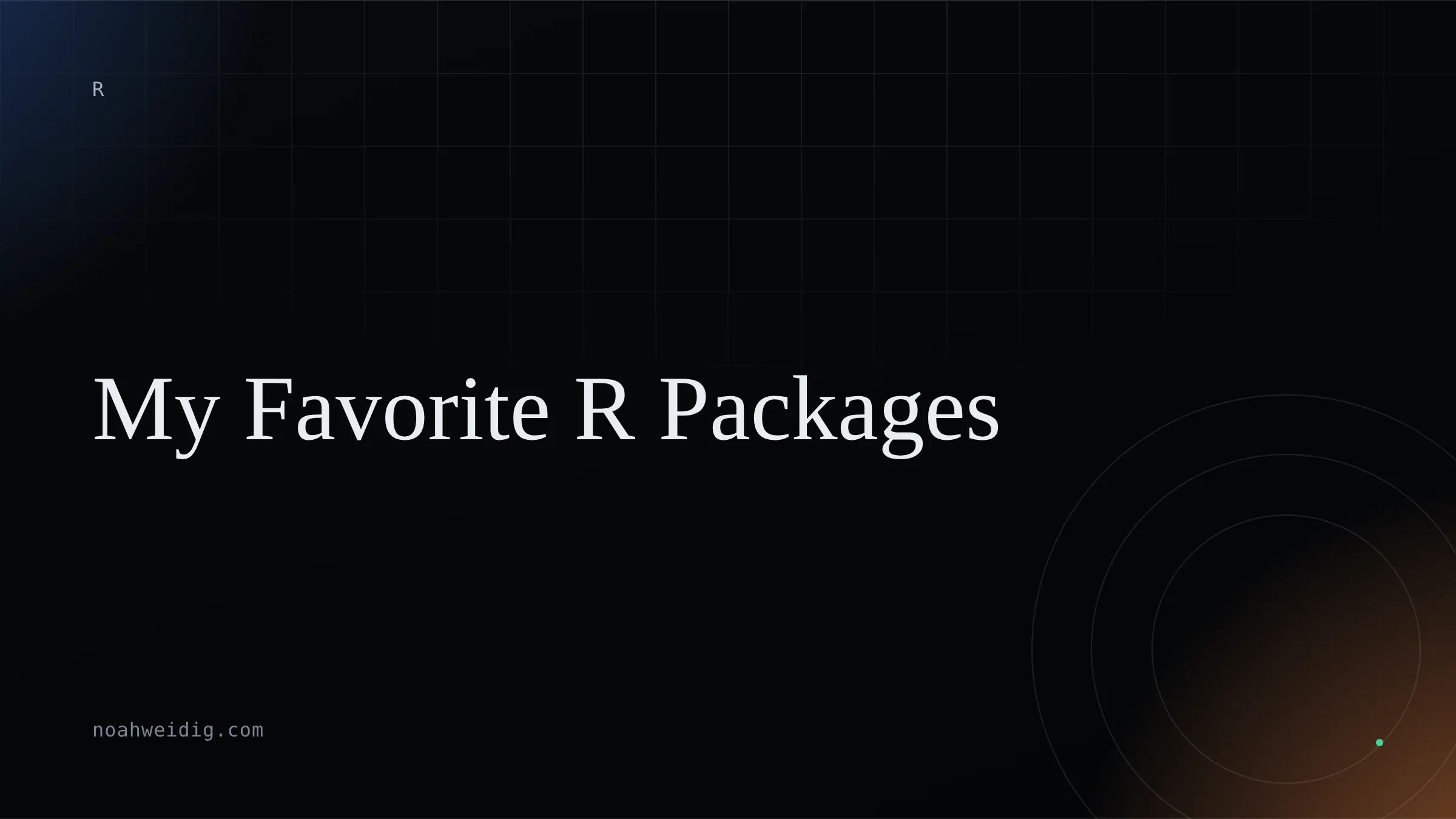 Cover card reading “My Favorite R Packages” over the site's accent and ember gradient